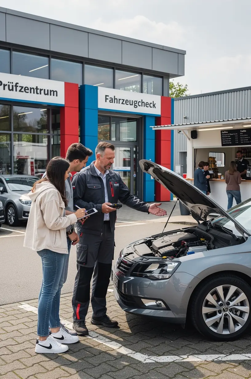 Fahrzeugheber hebt Auto für Unterbodeninspektion während der Gebrauchtwagenprüfung.