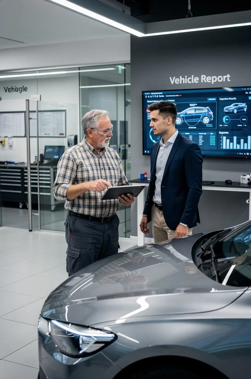Technische Analyse eines Autos in einem deutschen Prüfzentrums mit modernem Diagnosegerät.